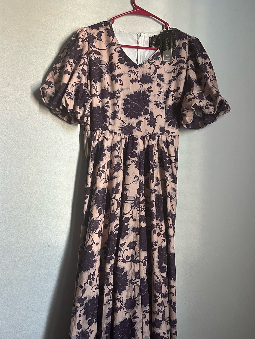 Floral Puff-Sleeve Maxi Dress in Blush and Dark Plum